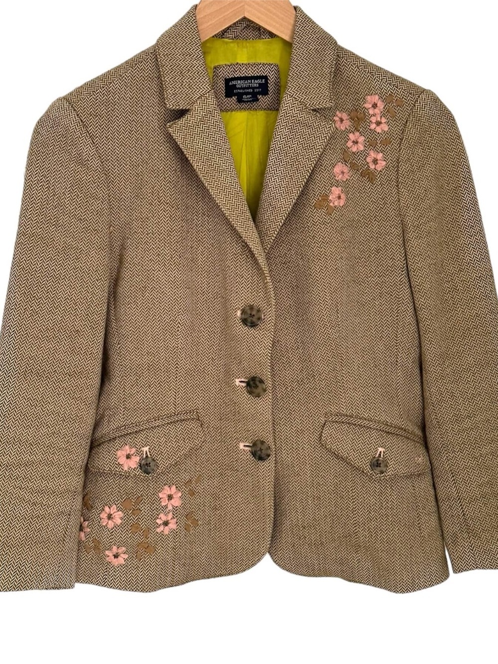American Eagle Outfitters Y2K Tan Herringbone Blazer with Pink Floral Embroidery